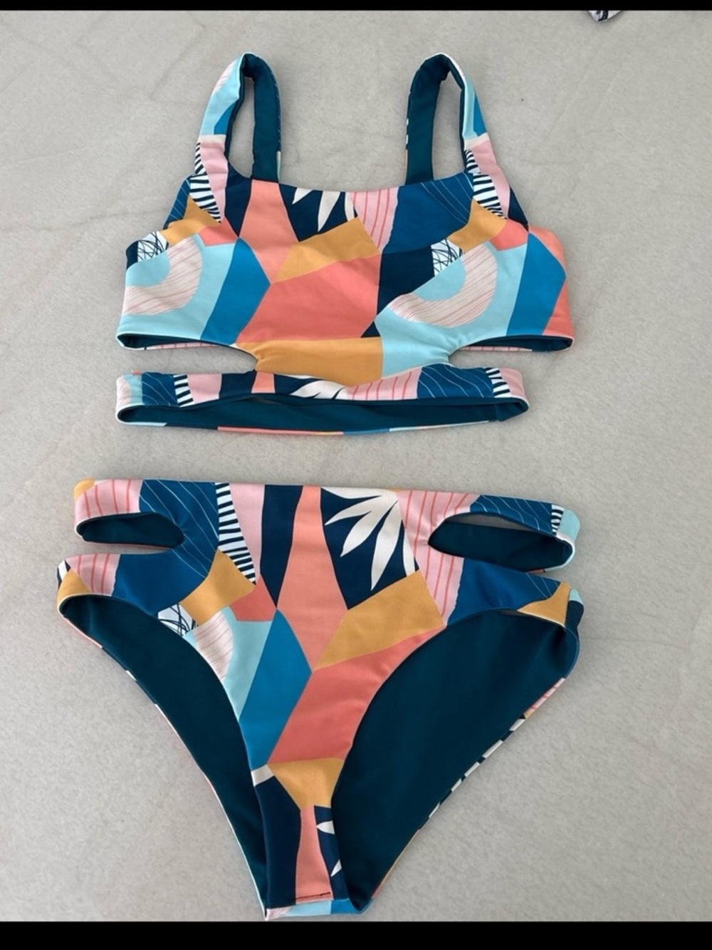 Colorblock Geometric Two-Piece Bikini - Teal, Coral & Mustard